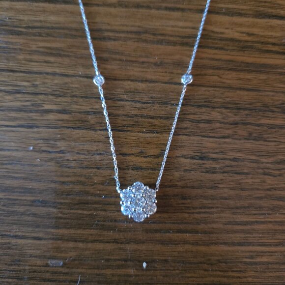 14K Gold Genuine Diamond Station Necklace with Diamond Cluster Flower Pendant - Picture 5 of 6